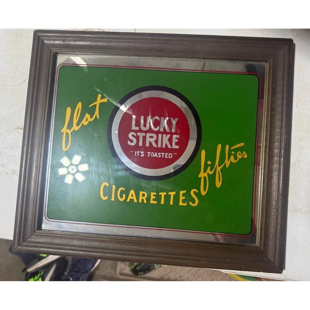 Vintage Lucky Strike Float Cigarettes Advertising Mirror Framed 14x12 Tobacco